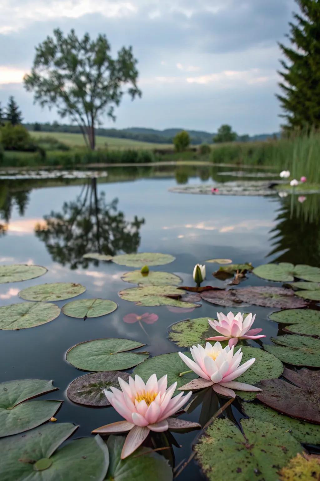 Pond lilies extending shade and loveliness to a native water garden.