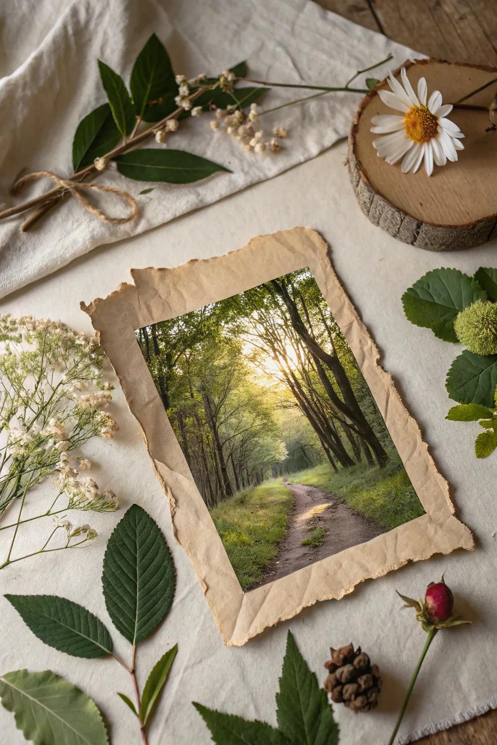 A textured terrain collage using fragmented paper and natural materials.