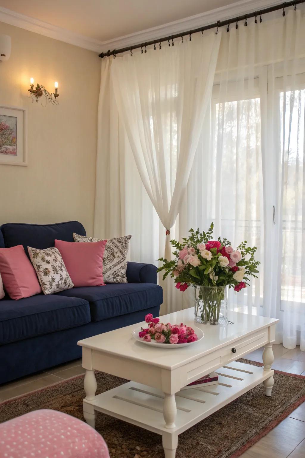 Ivory pieces brighten the space and offset the darker tones.