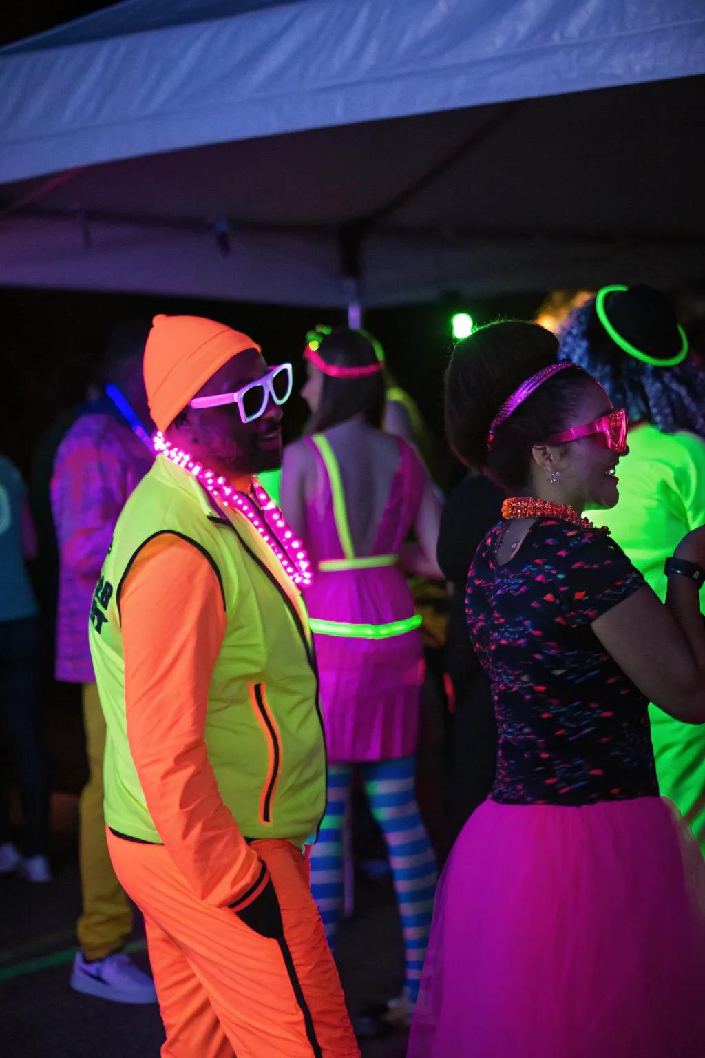 Guests in radiant outfits and accessories, glowing and adding energy to the party.