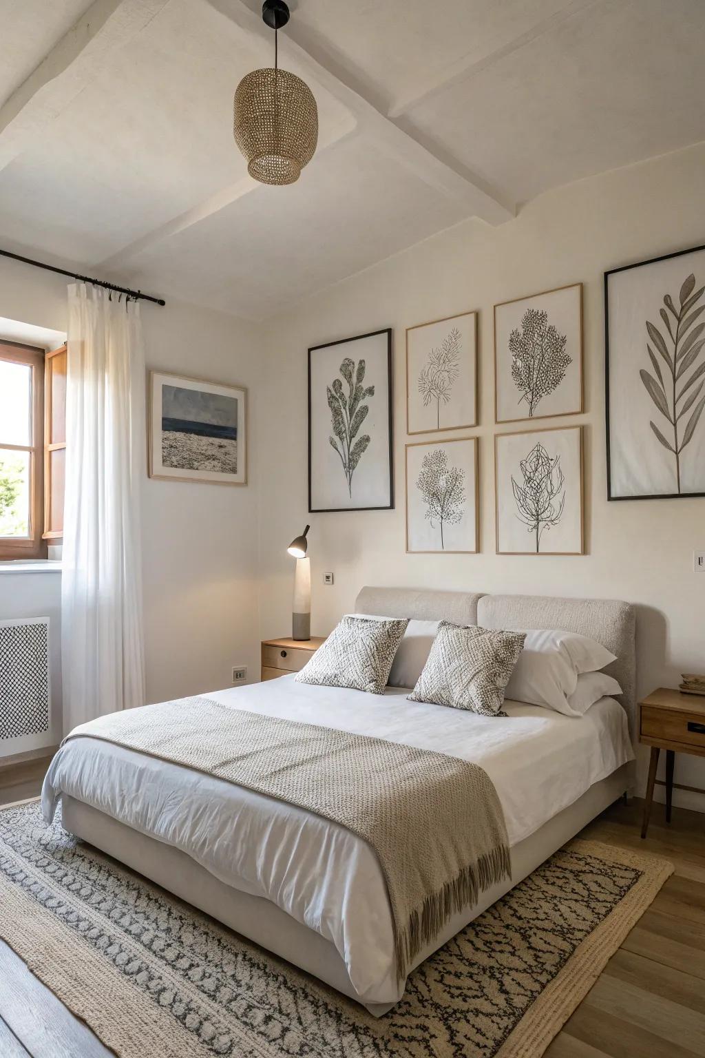 Simple art adds sophistication to a neutral bedroom.