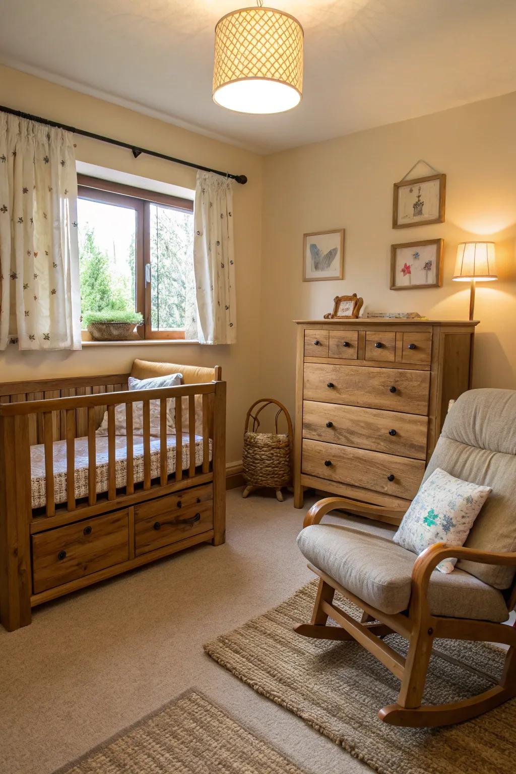A cozy nursery detailed with organic wood accents.