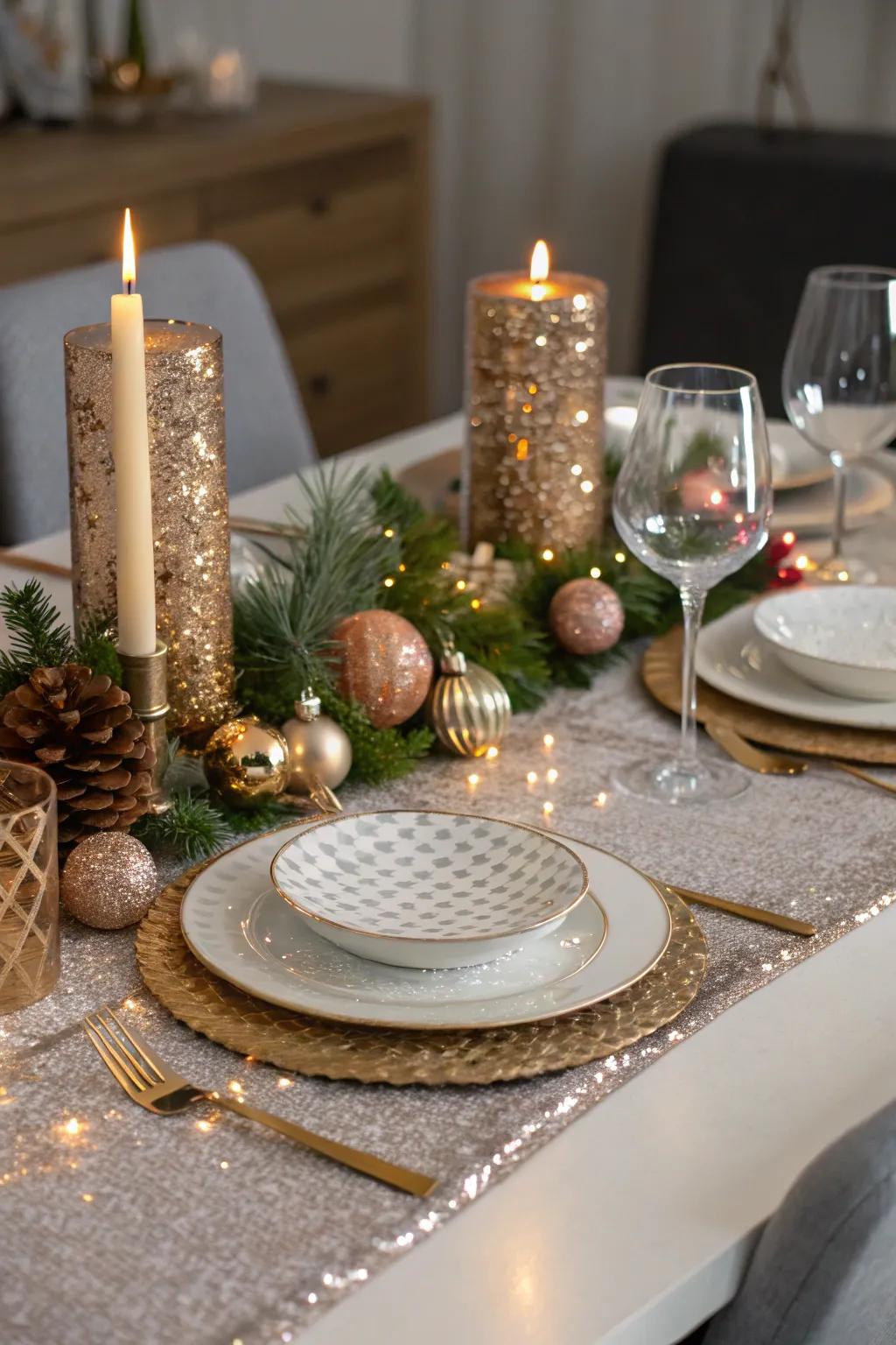 A shimmering table accent introduces a festive sparkle to the dining setting.