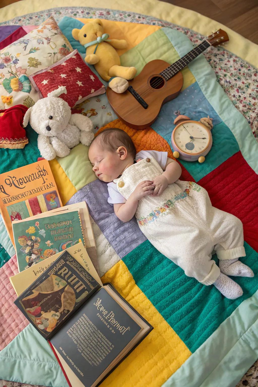 A newborn announcement featuring bespoke thematic props.