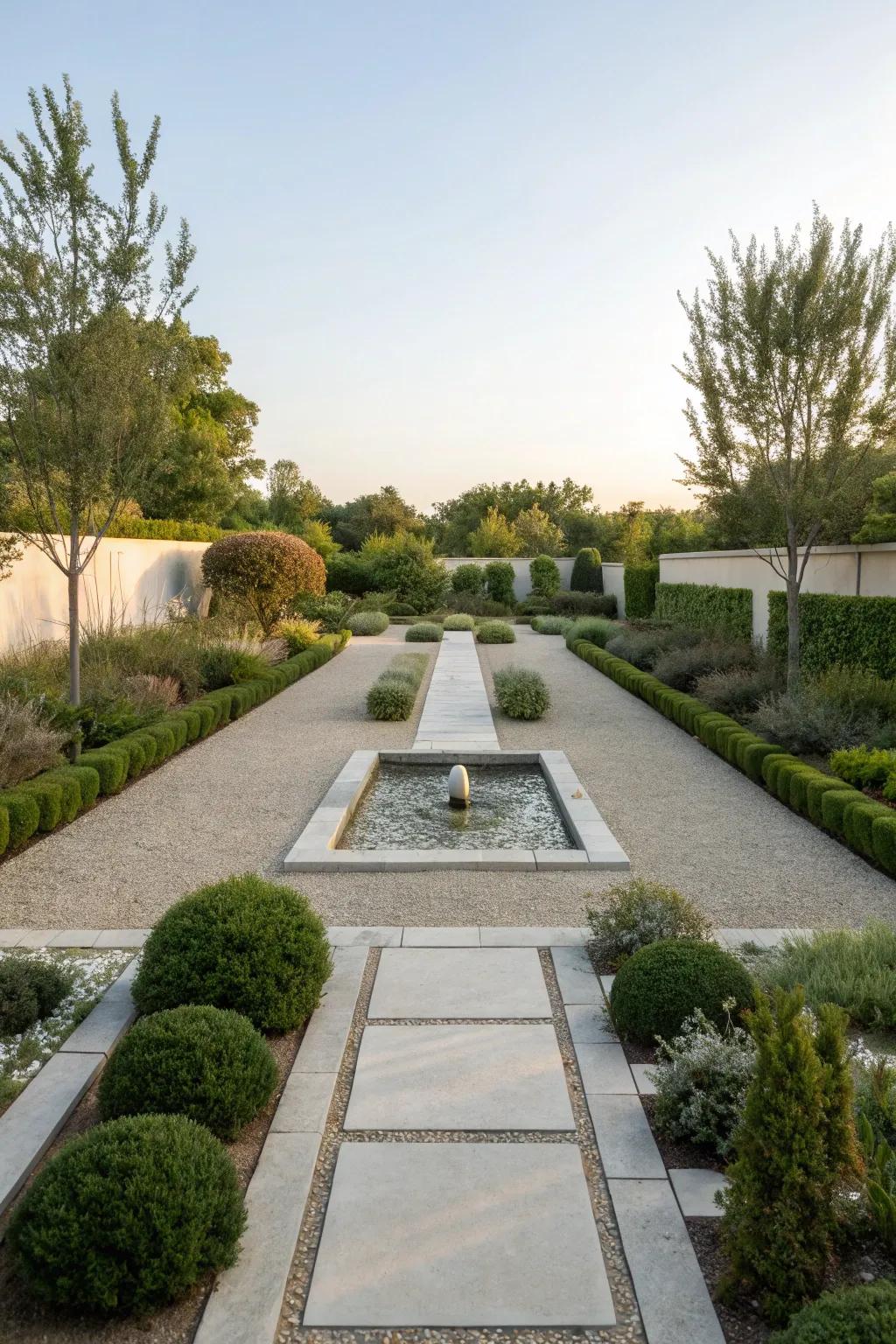 A tranquil and minimalist garden featuring elements requiring little maintenance.