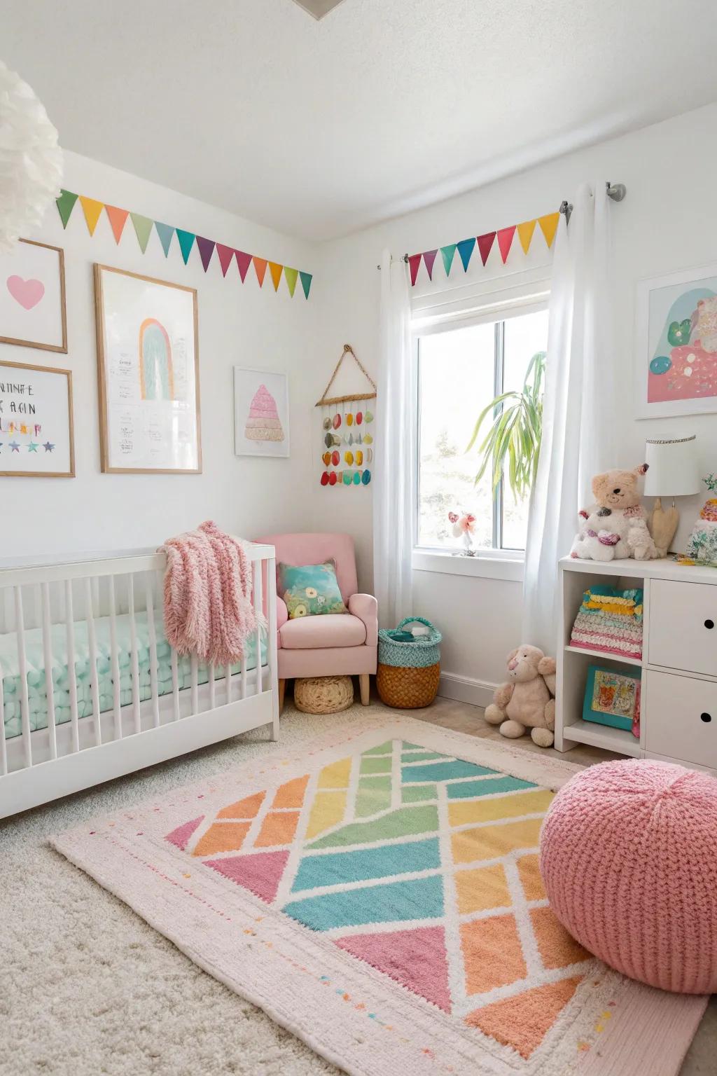 A radiant and airy nursery featuring sharp off-white walls.