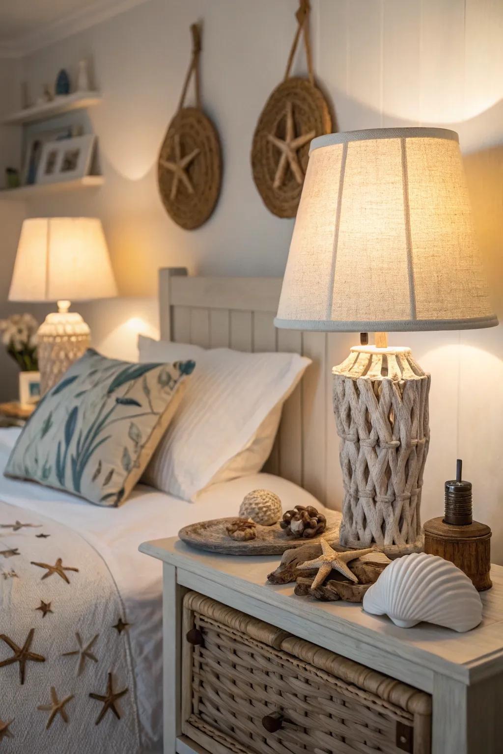 Ambient lighting creates a warm, appealing atmosphere in your ocean-themed bedroom.