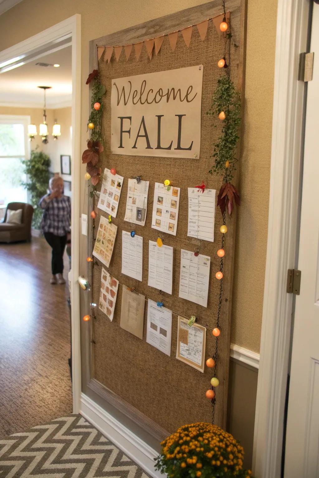 An entryway display board with a heartfelt fall theme.