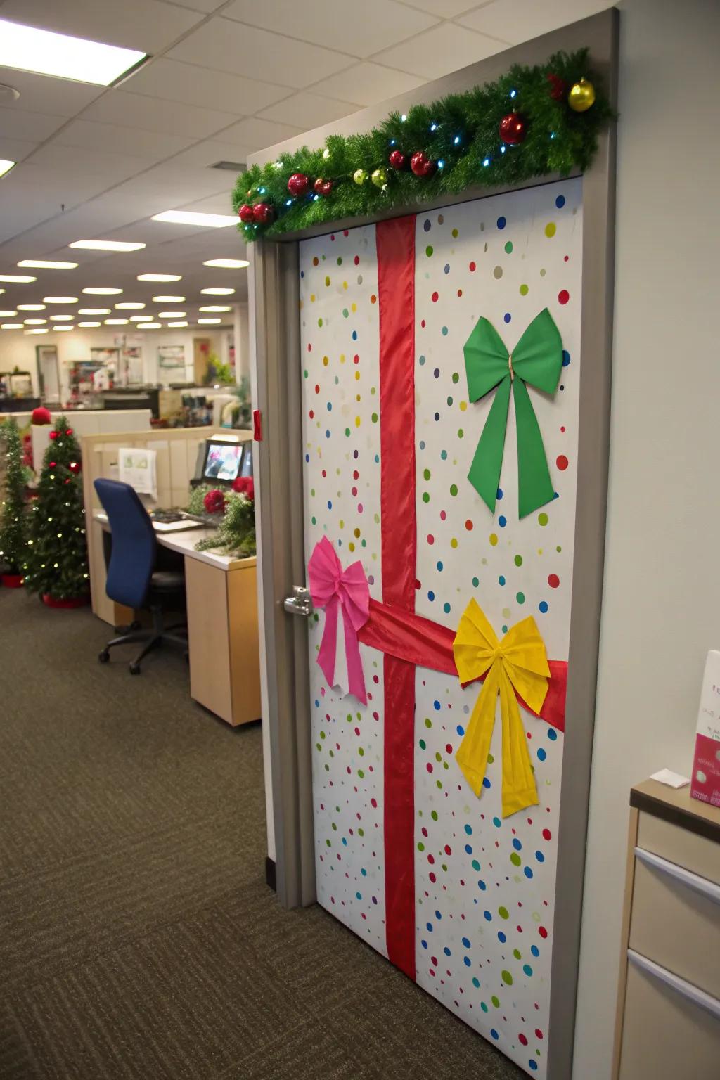 Present your workplace with a festive design by using a gift-wrapped entrance.