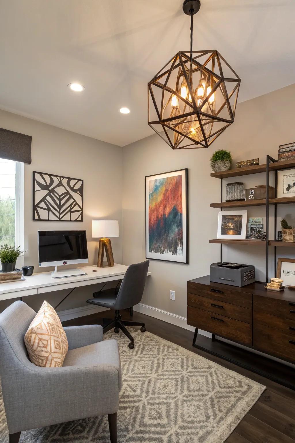 Unique geometric parts add an artistic flair to office lighting.