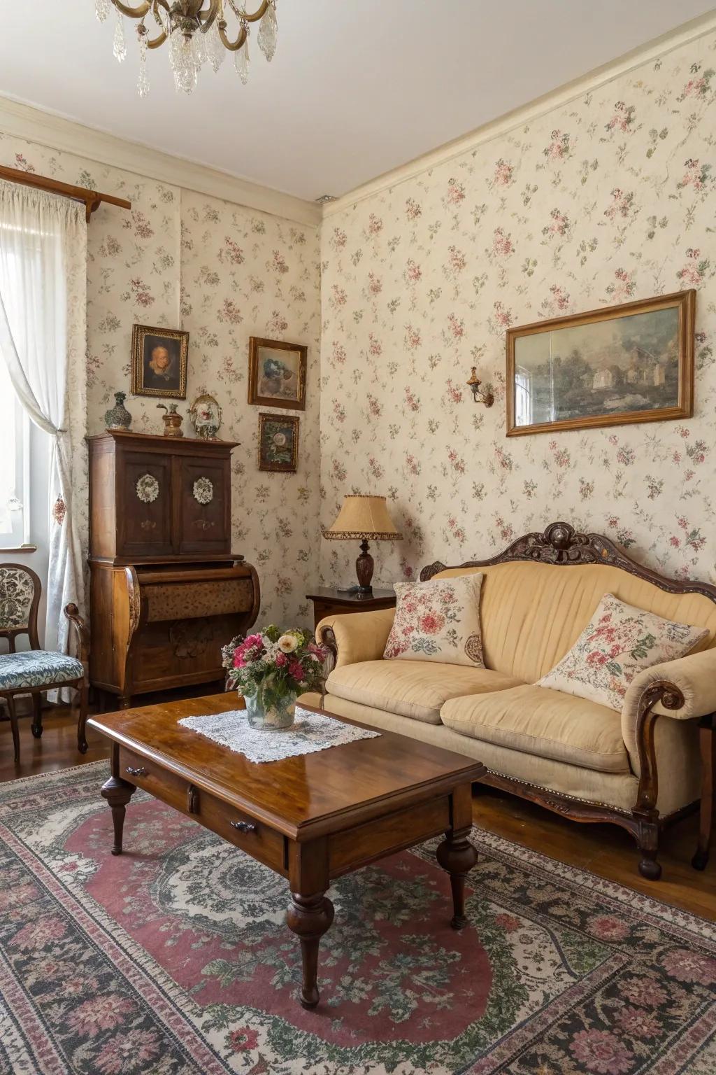 Patterned wallpaper transforms with old-world charm.