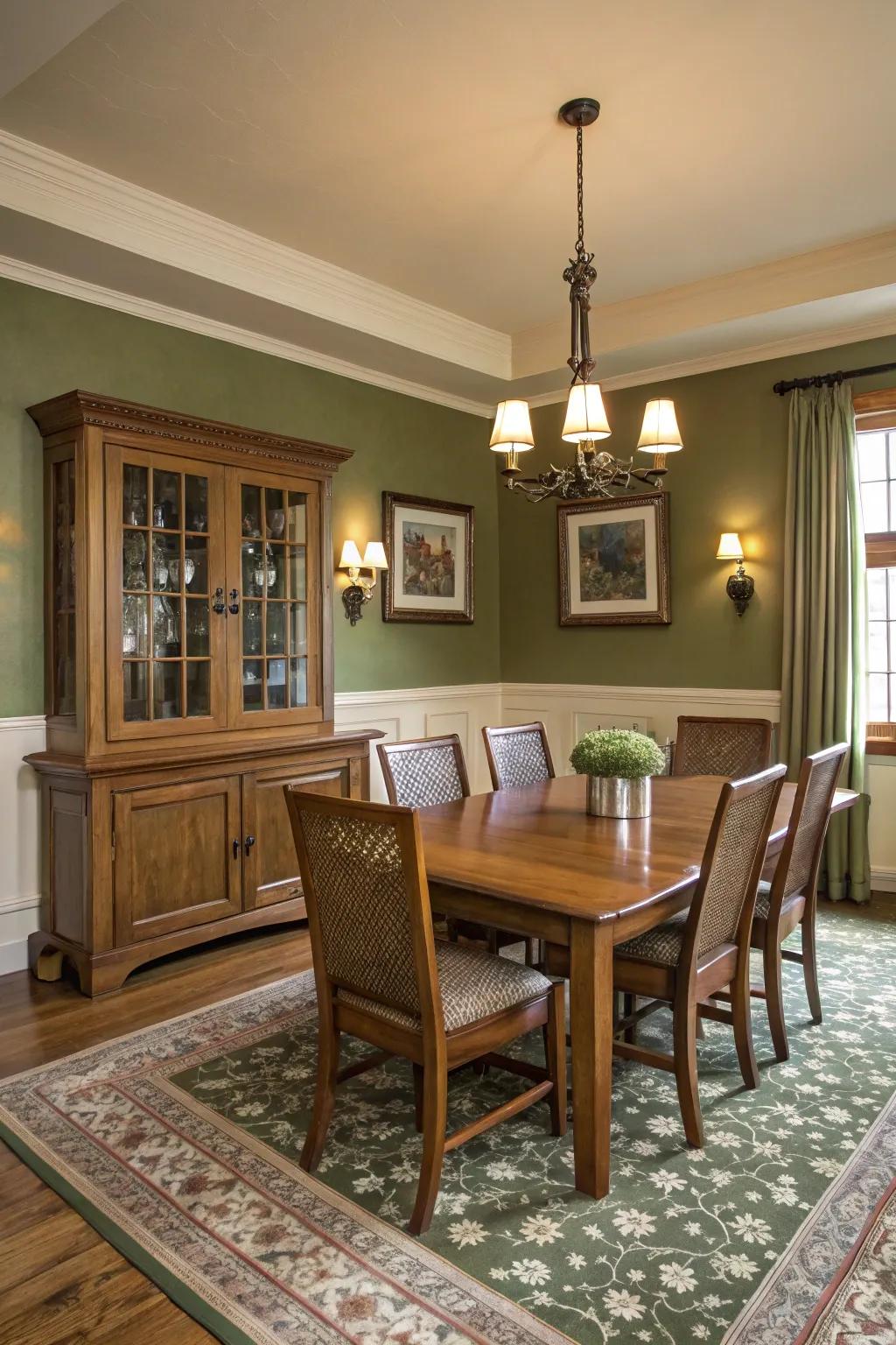 Leafy green walls craft a sophisticated and inviting dining space.