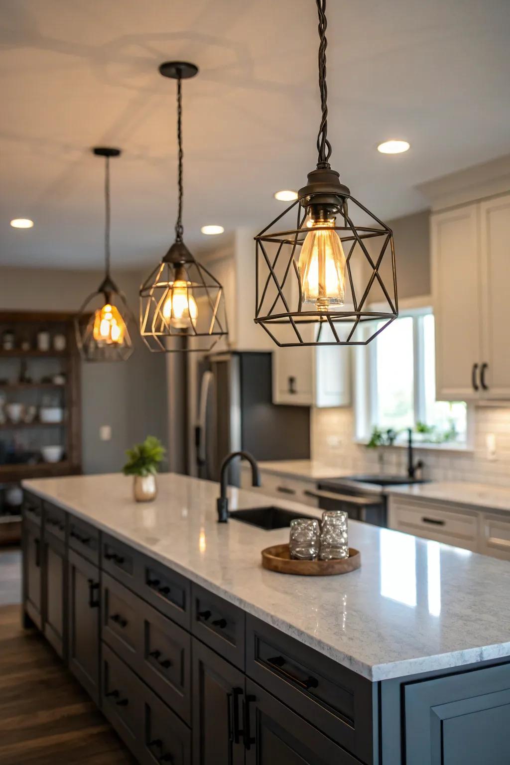 Pendant lights bring atmosphere and style to the kitchen island.