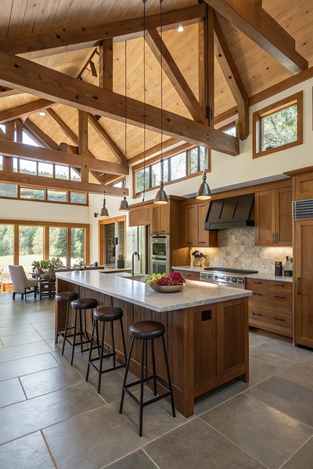 High ceilings enhance the kitchen’s sense of space.