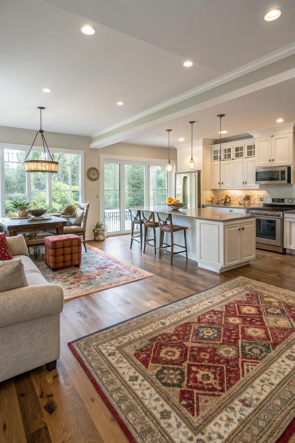 Carpets delineate zones in an open-concept cooking and lounging area.
