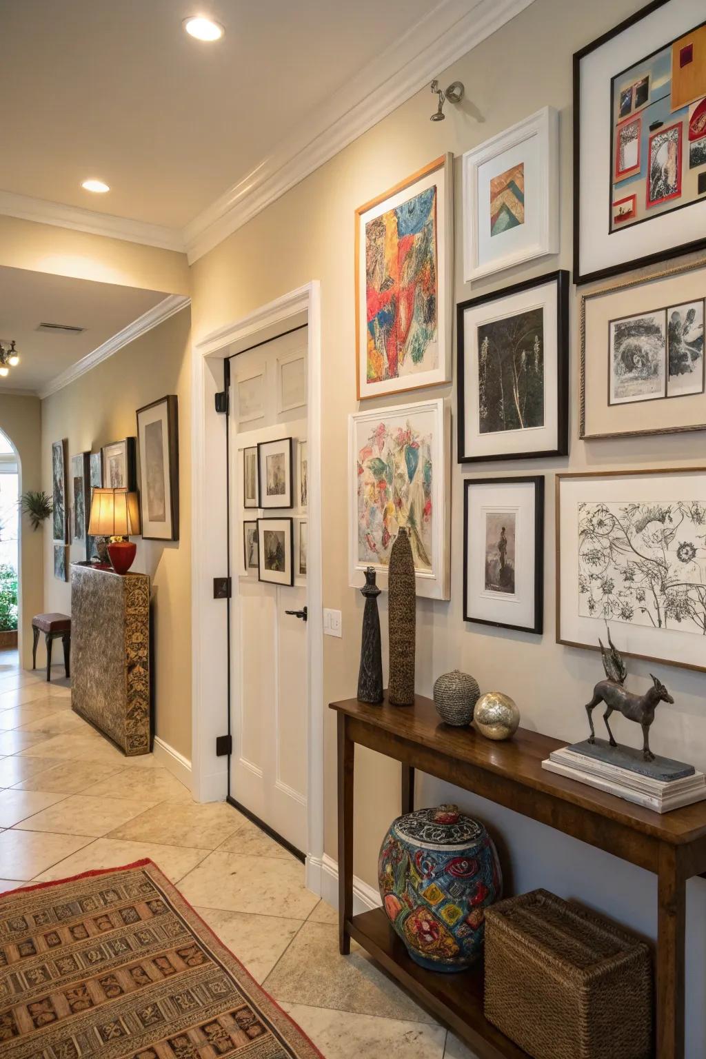 Art within the entryway provides a glimpse of the home's distinct character.