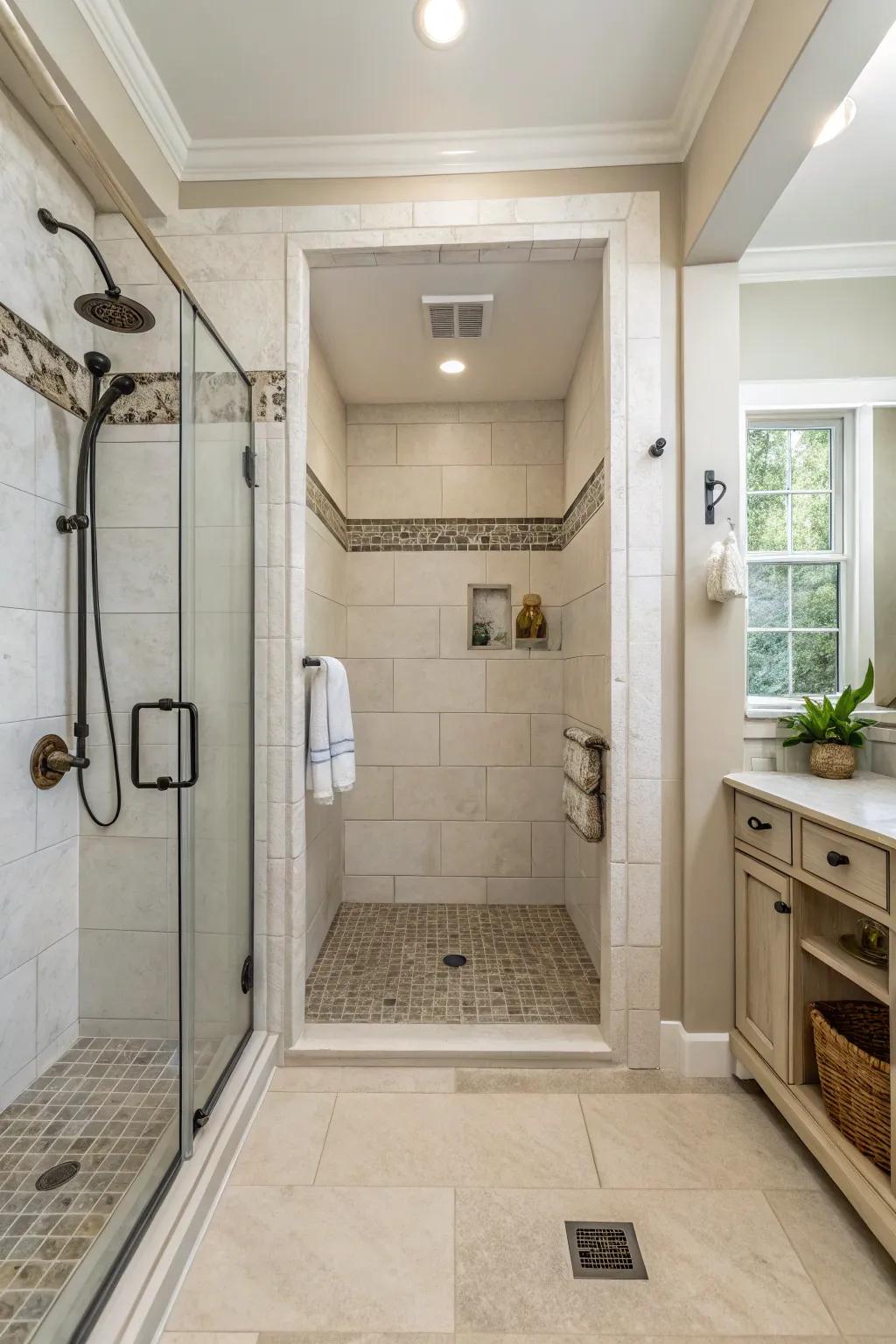 Neutral shades enhance the peace and spaciousness of your shower.