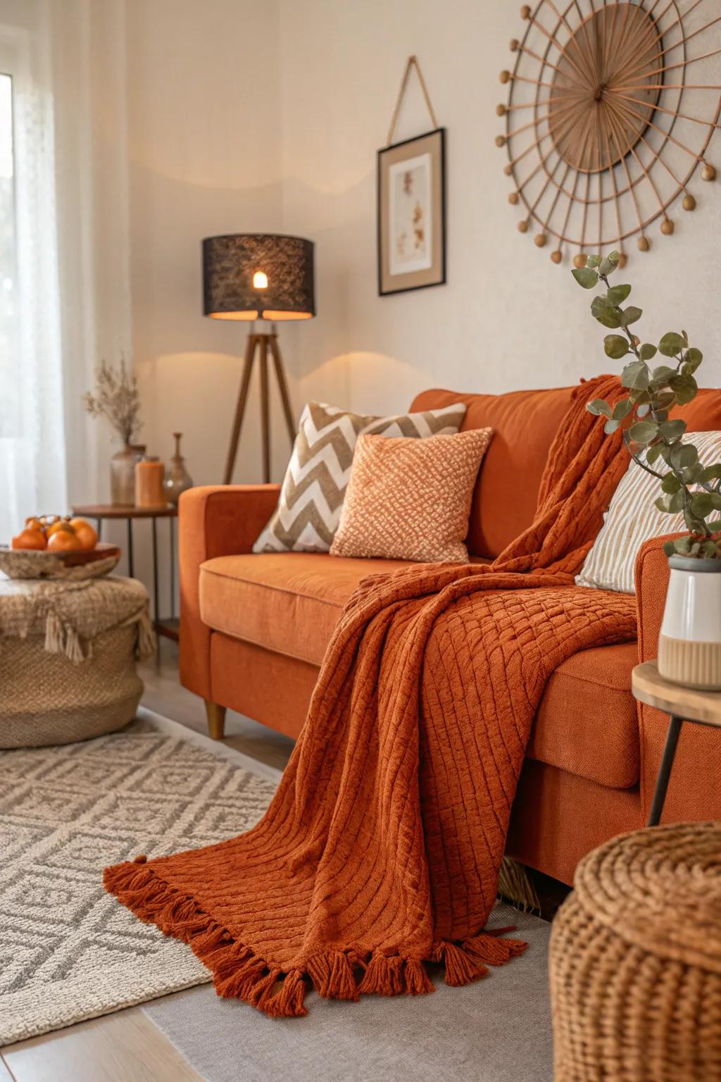 A welcoming living room featuring textured orange decor and multiple layered textiles.