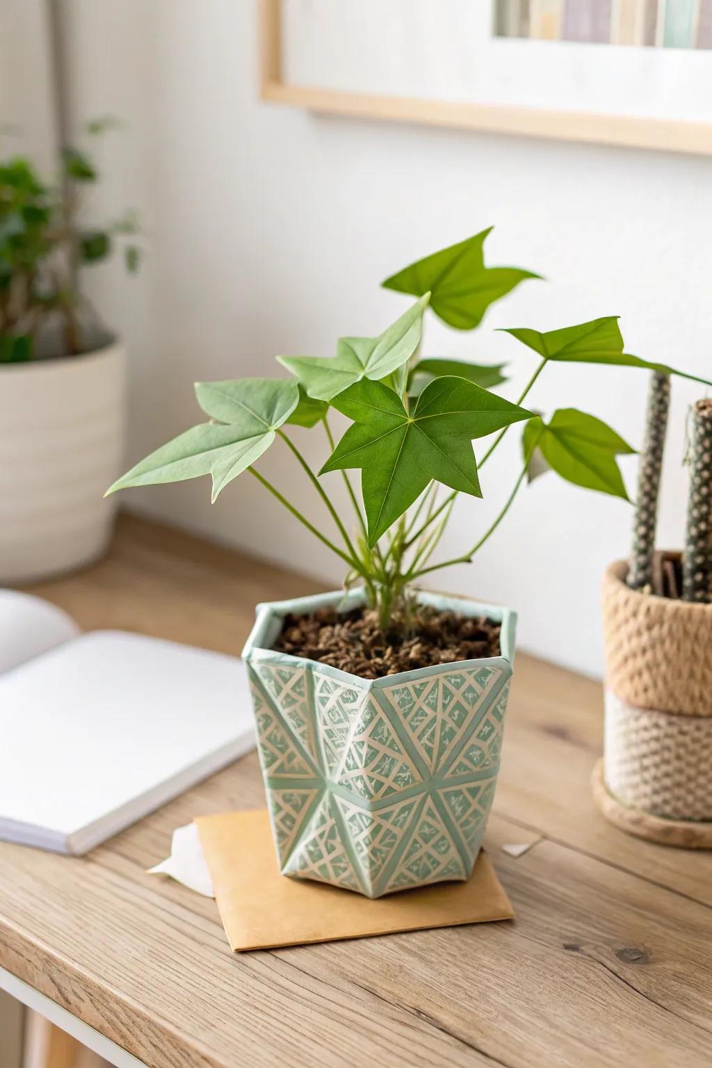 Refine your workspace through a hint of handcrafted refinement: Diminutive Paper Art Plant Display.