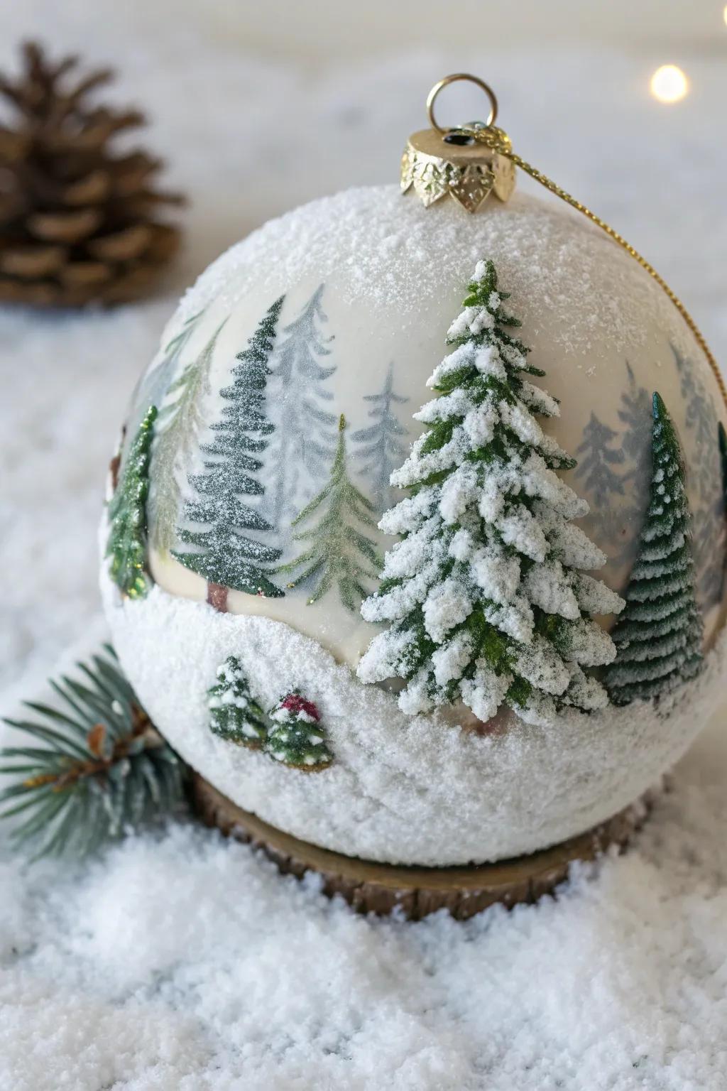 Snowy pine tree baubles fashion a serene winter wonderland.