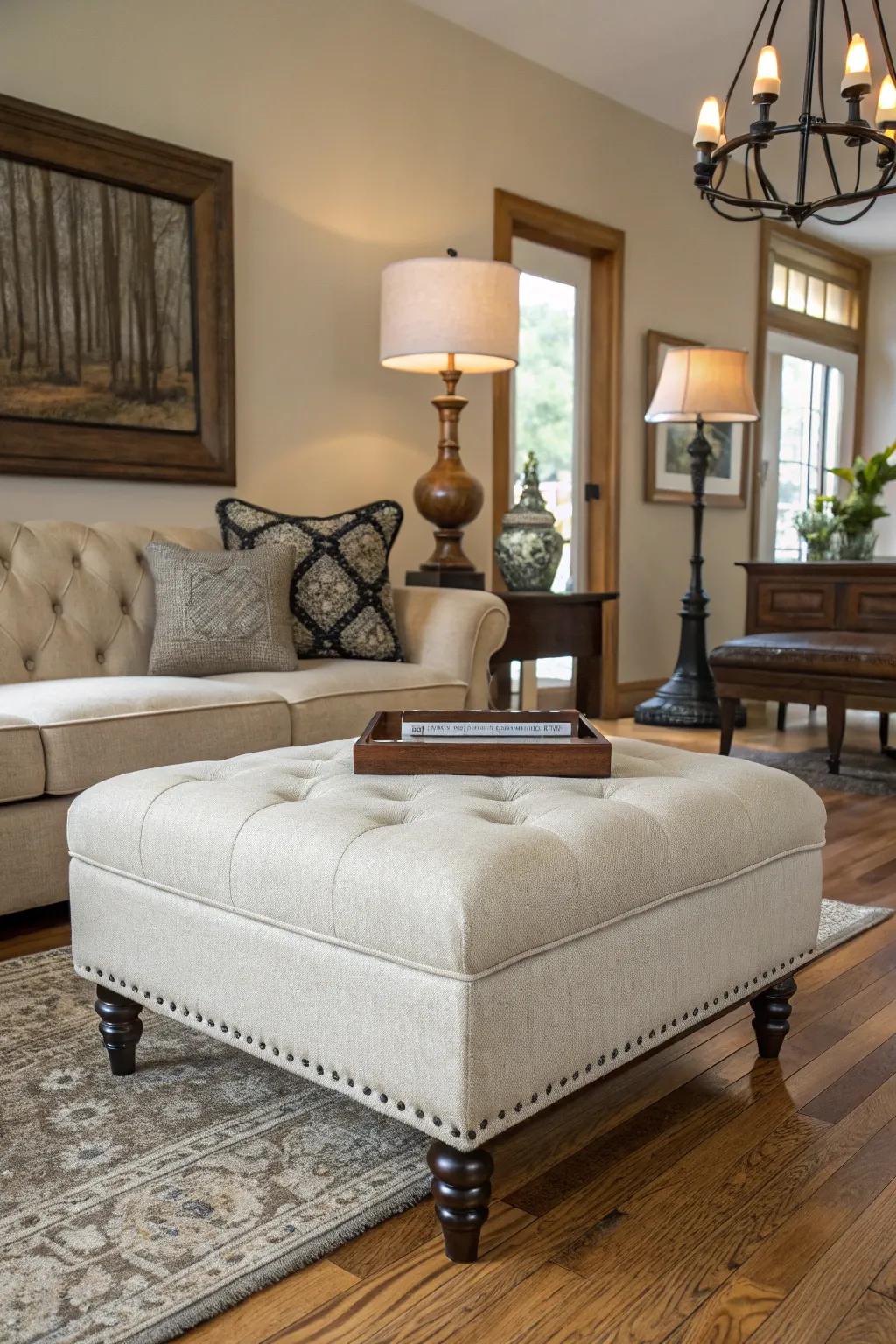 A cool mix of modern and classic styles with an ottoman as the star.