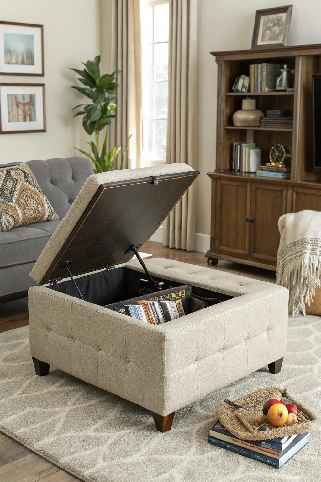 A stylish footrest with concealed storage for a tidy living space.