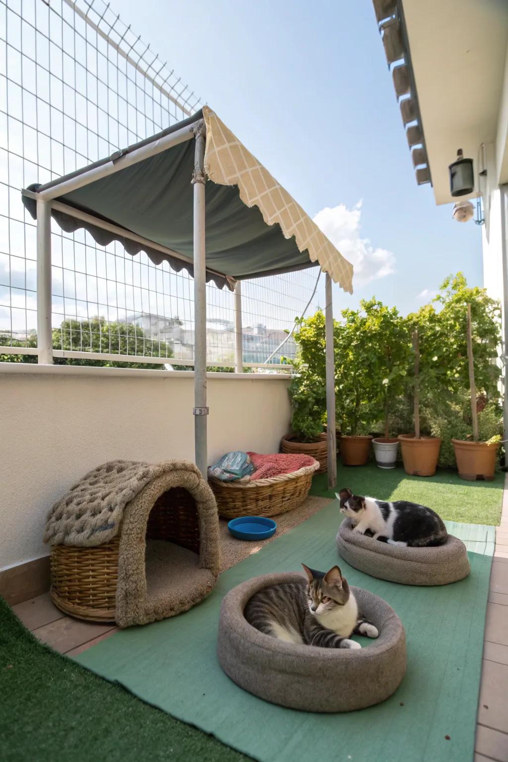 A cozy, shaded area for feline relaxation and shelter.