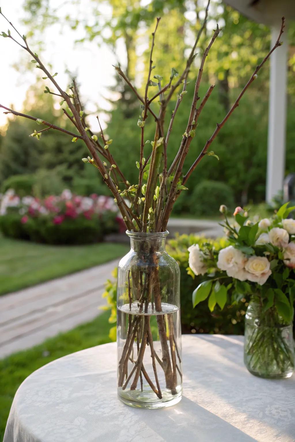 Cut sections of trees in a container develop a simple yet impressive focal point.