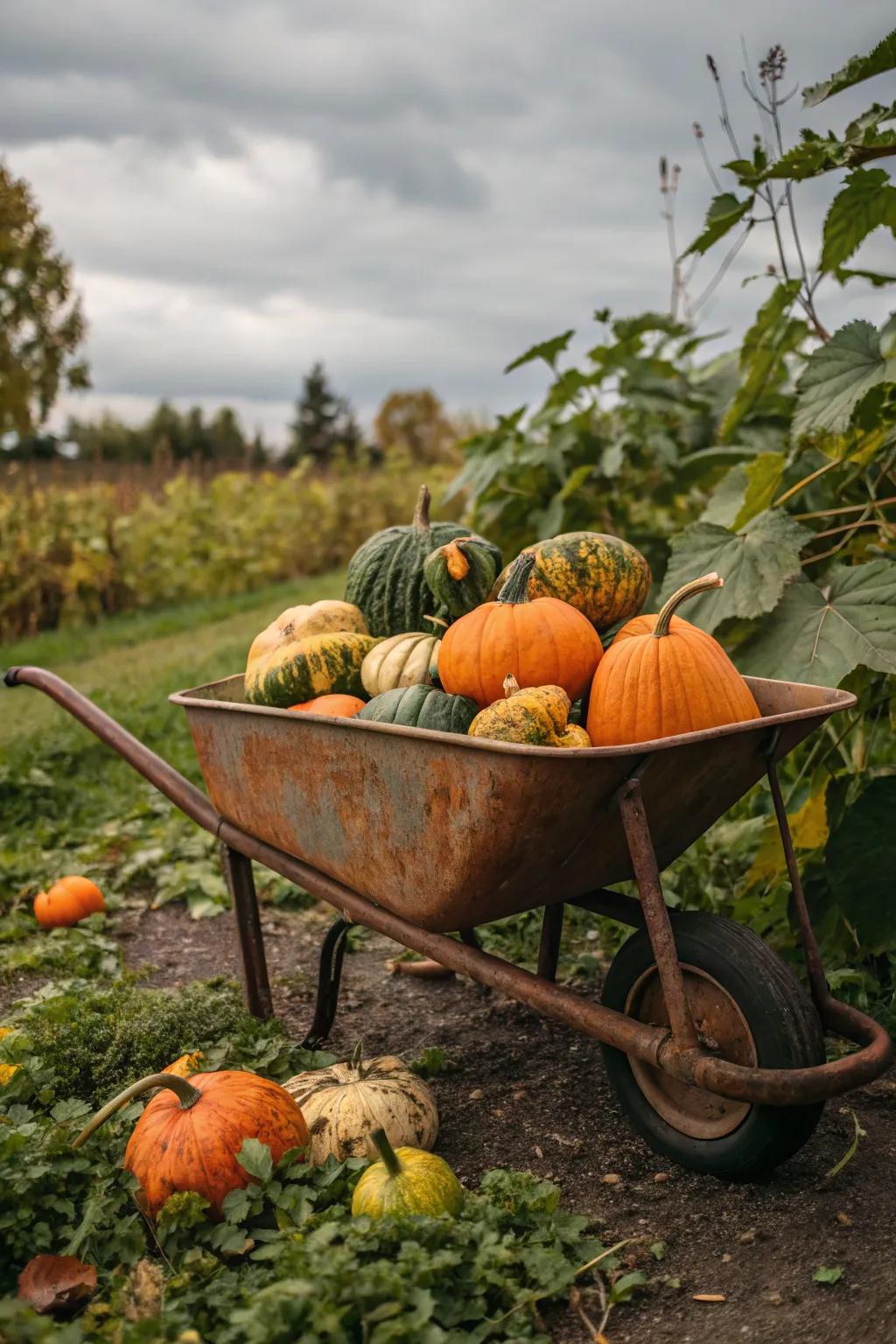 A cart overflowing with gourds and squashes cultivates a nostalgic scene.