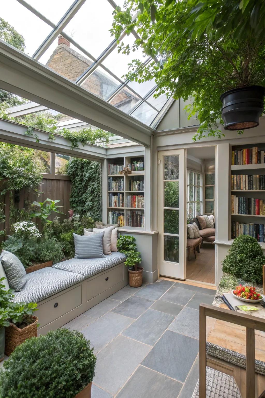 A garden room that combines open sights with sheltered areas.