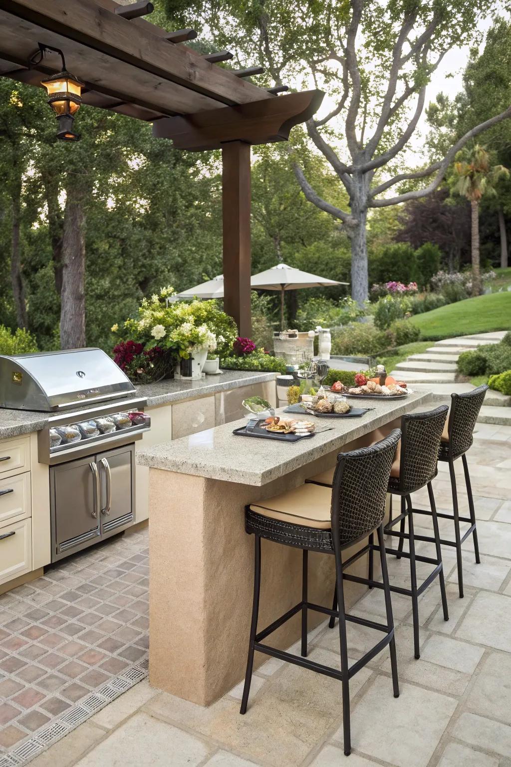 A grilling zone featuring bar-style seating to encourage lively social exchanges.