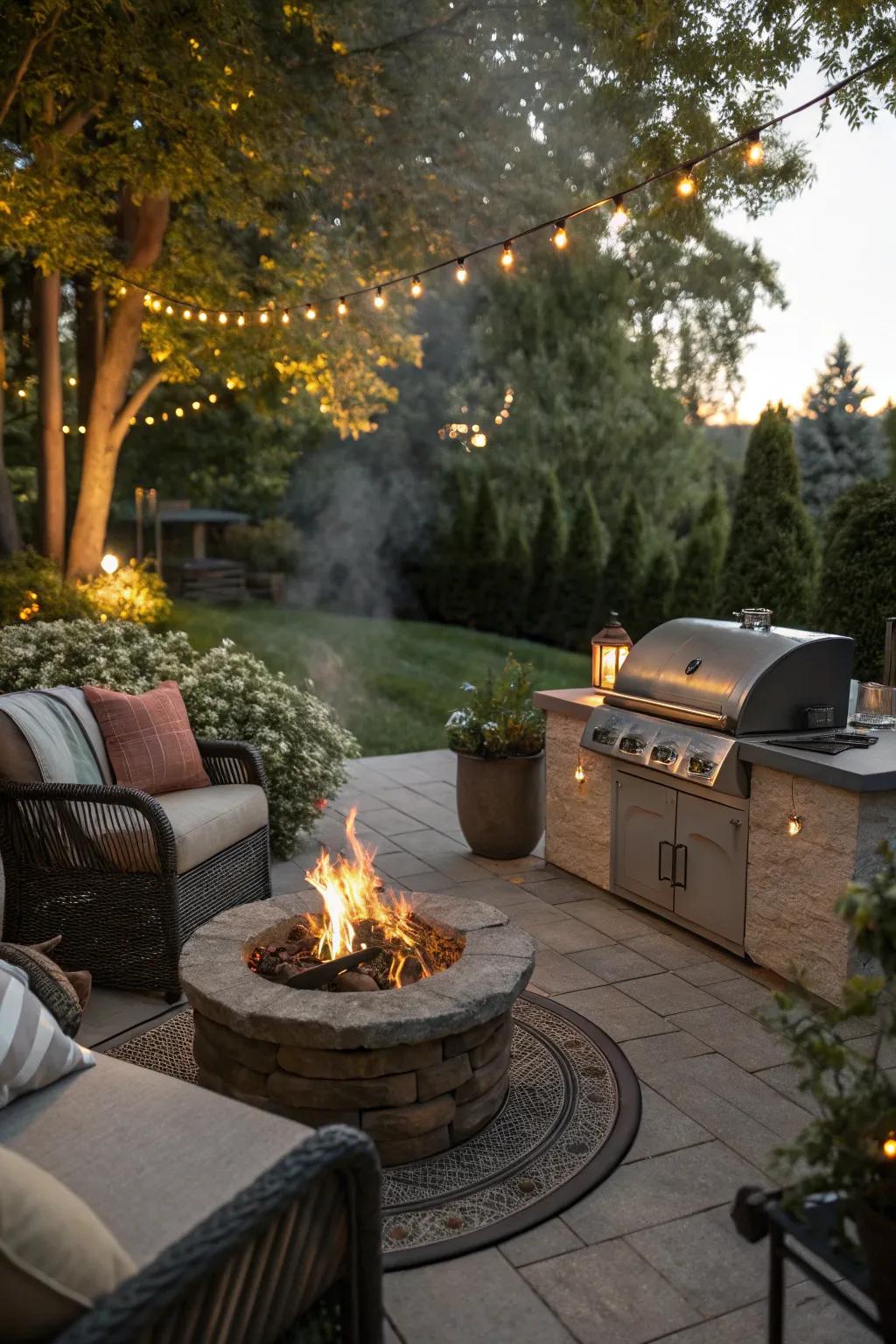 A fire pit adds warmth and a cozy vibe to your grill space.