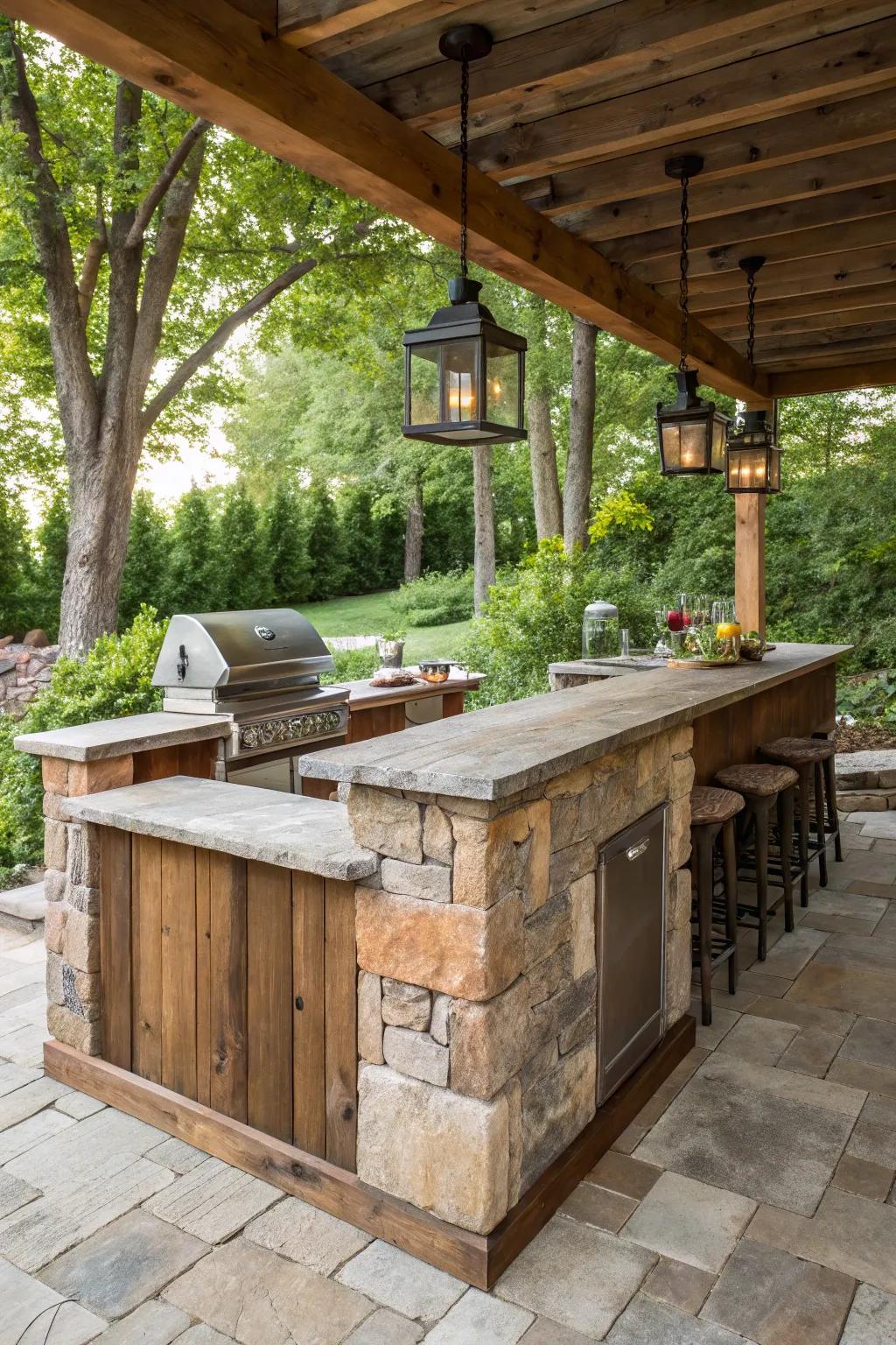 Country materials fashion a warm and welcoming outdoor retreat.