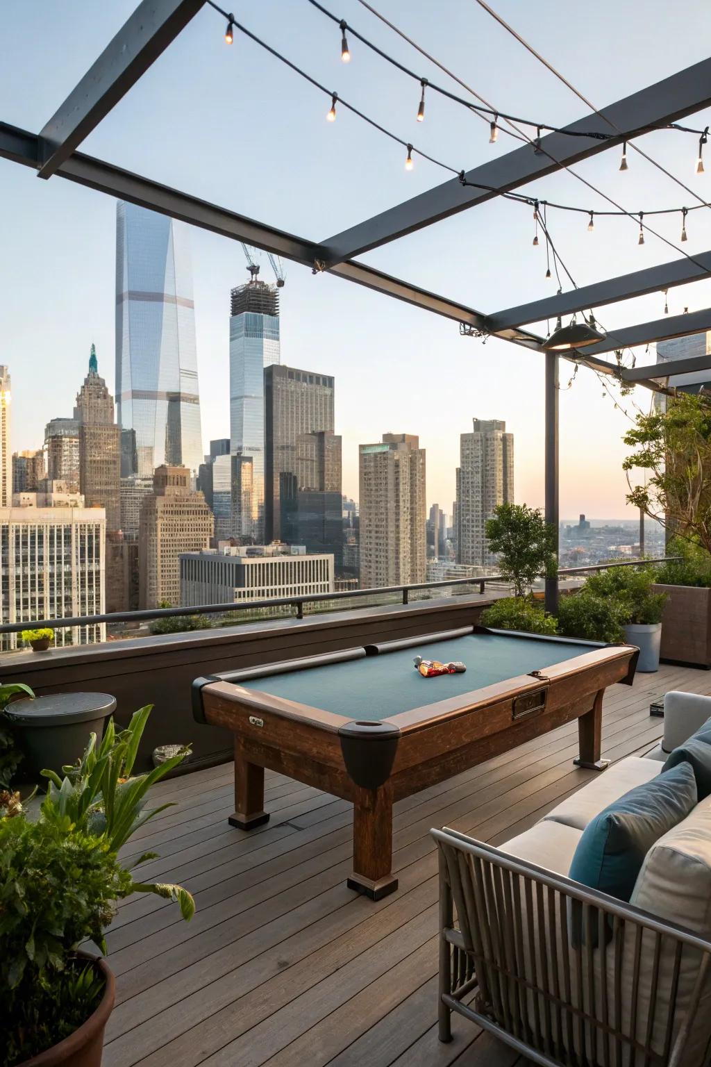 A rooftop platform displaying a game table with striking urban views.