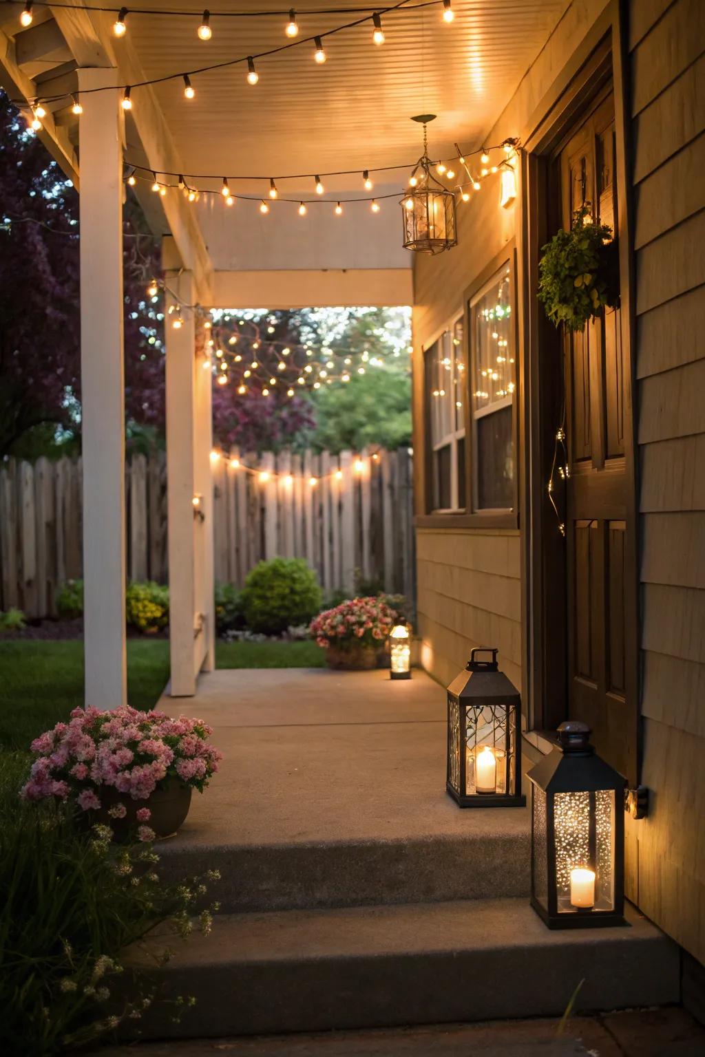 Festoon lights and lanterns cast a warm, inviting radiance over this porch.