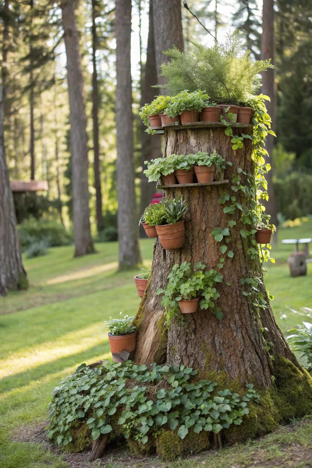 A vertical meadow on a stump fashions a burst of verdure.