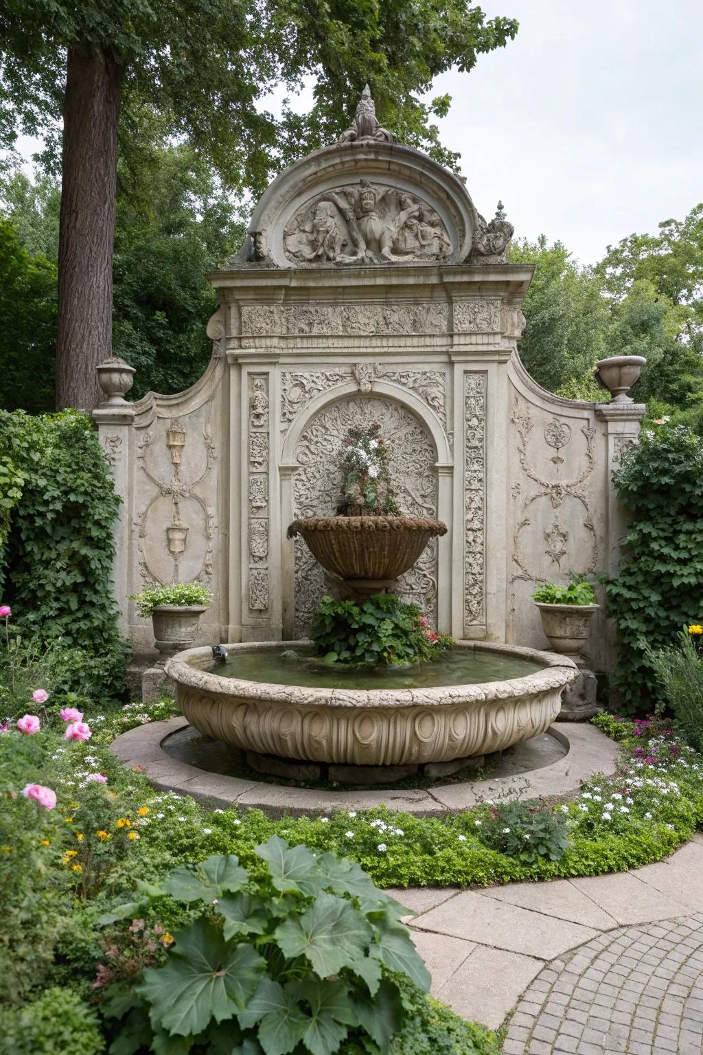 Ornamental elements inject drama and artistic flair to wall fountains.