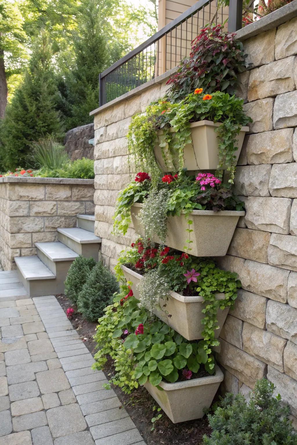 Achieve a flourishing look using leveled planter arrangements.