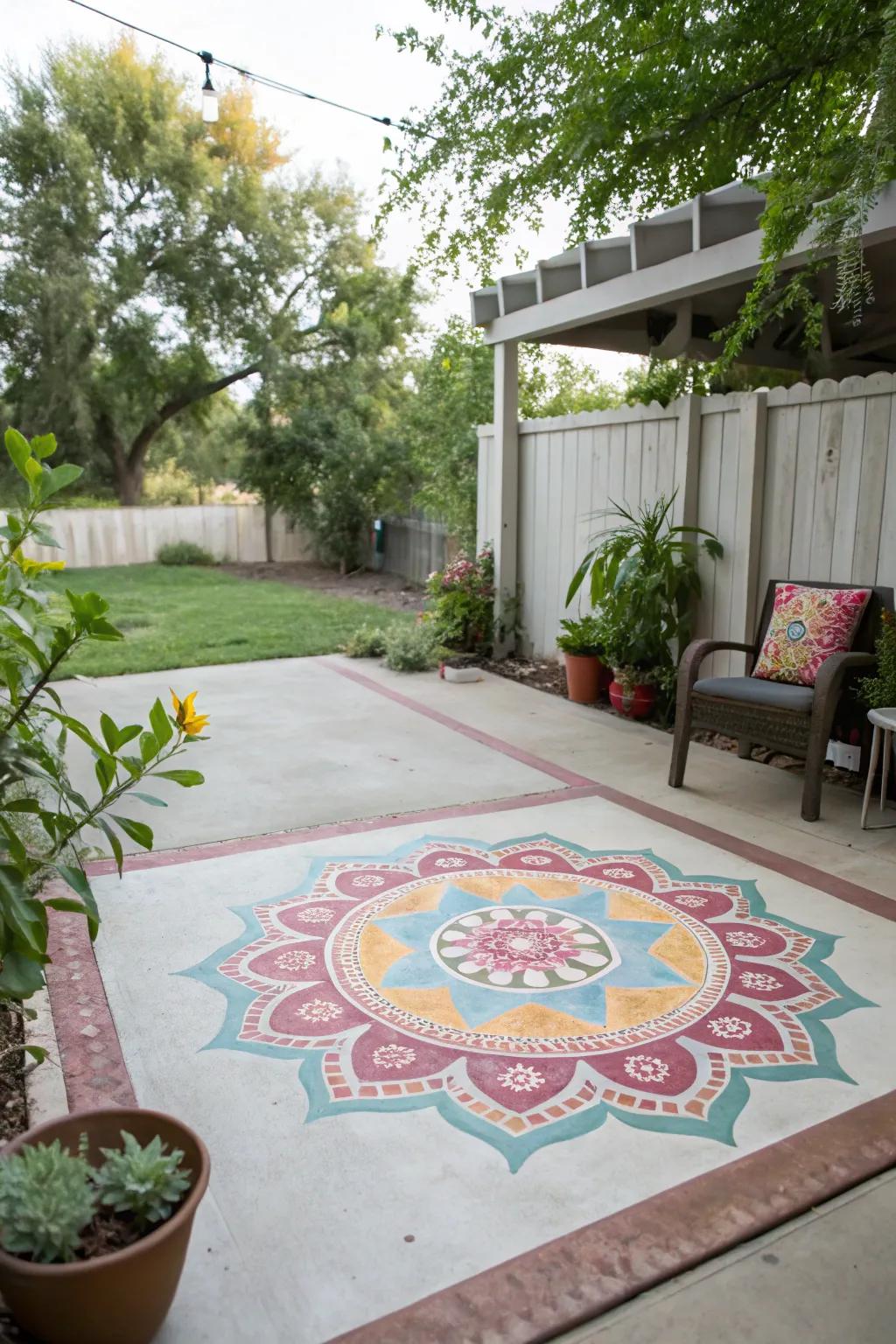 A painted imitation carpet enhances warmth and arrangement to this patio area.
