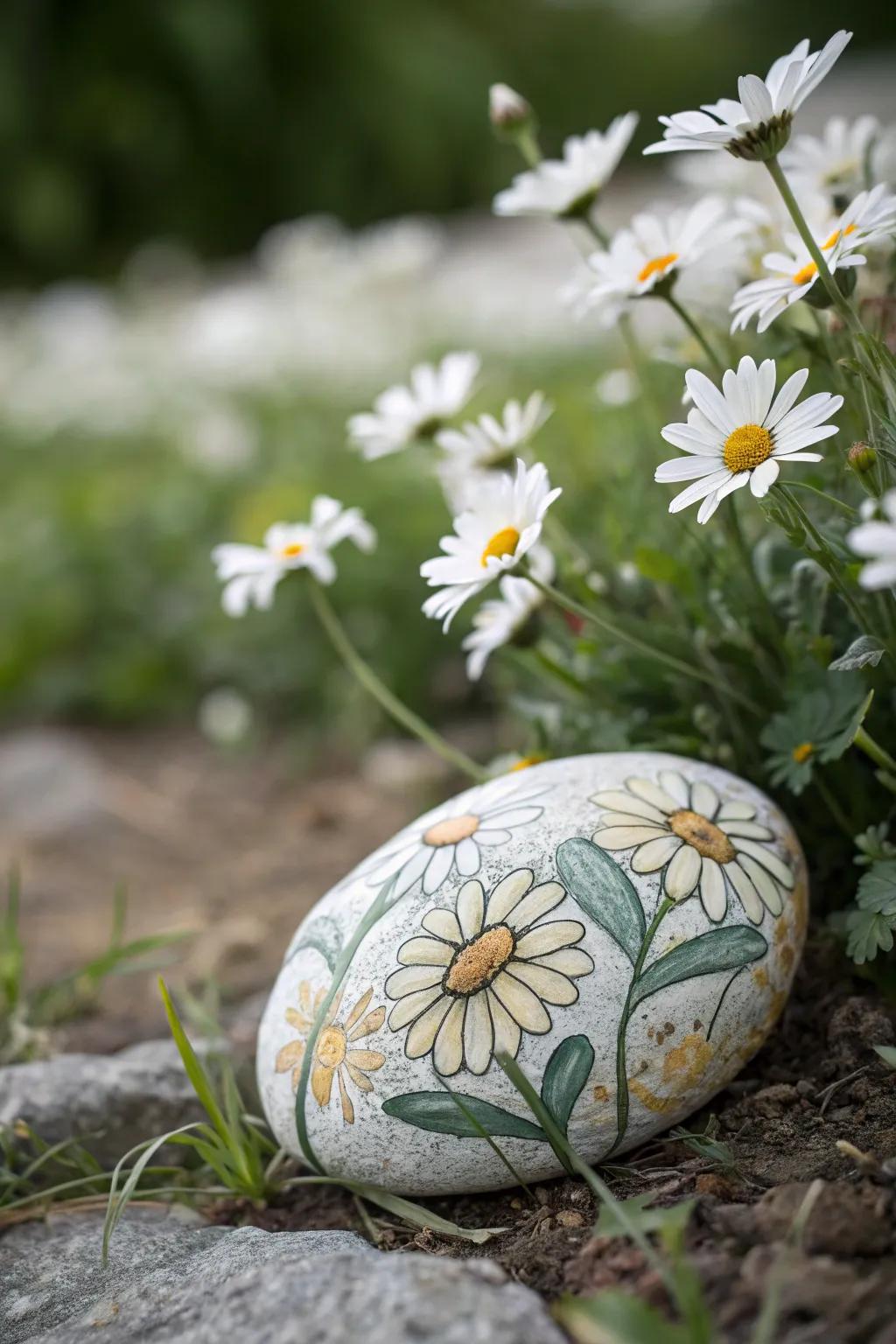 Accept the balance of artwork and open space using these daisy-influenced designs on painted stones.