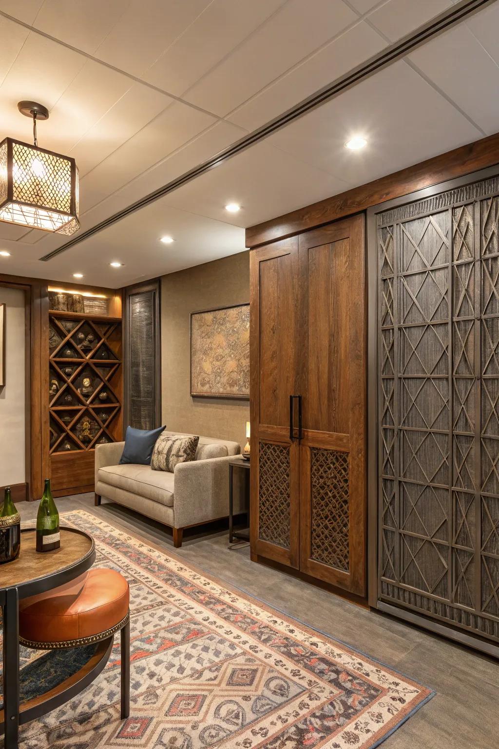 Room showcasing a mix of wood, fabric, and metal panels.