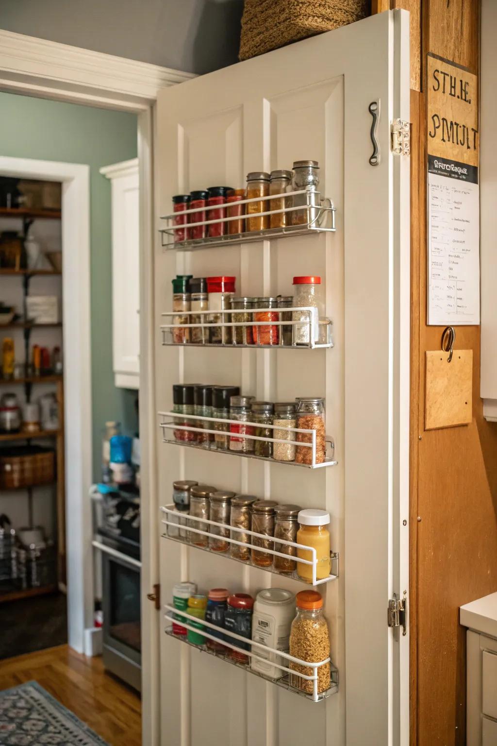Suspended racks on a pantry entrance maximize storage by utilizing vertical area.