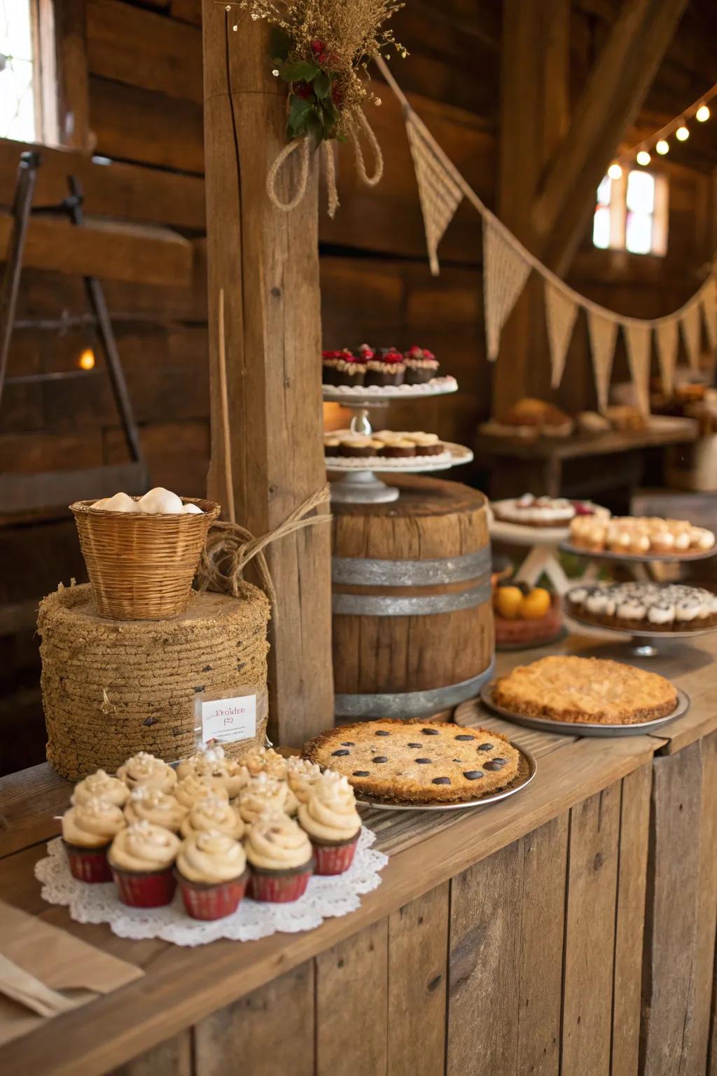 Natural wood elements provide warmth and charm to the dessert presentation.