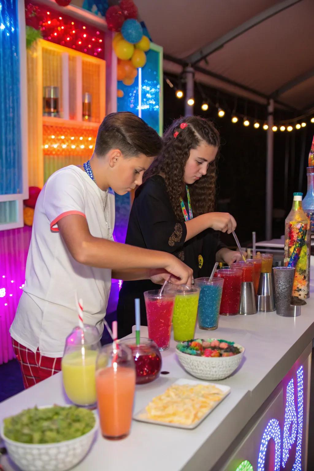 Teens enjoying a mocktail mixing session with vibrant beverages.