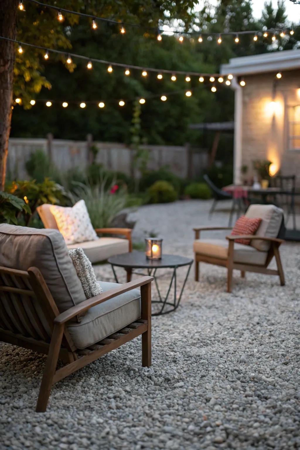 Opt for gravel for a low-maintenance and relaxed patio.