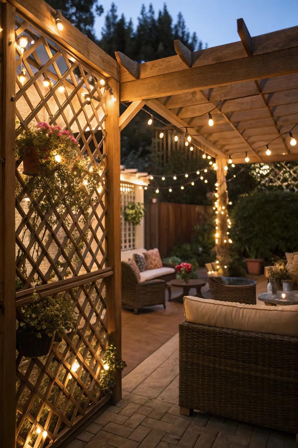 Filament strands woven throughout fretwork segments yield a bewitching twilight atmosphere.