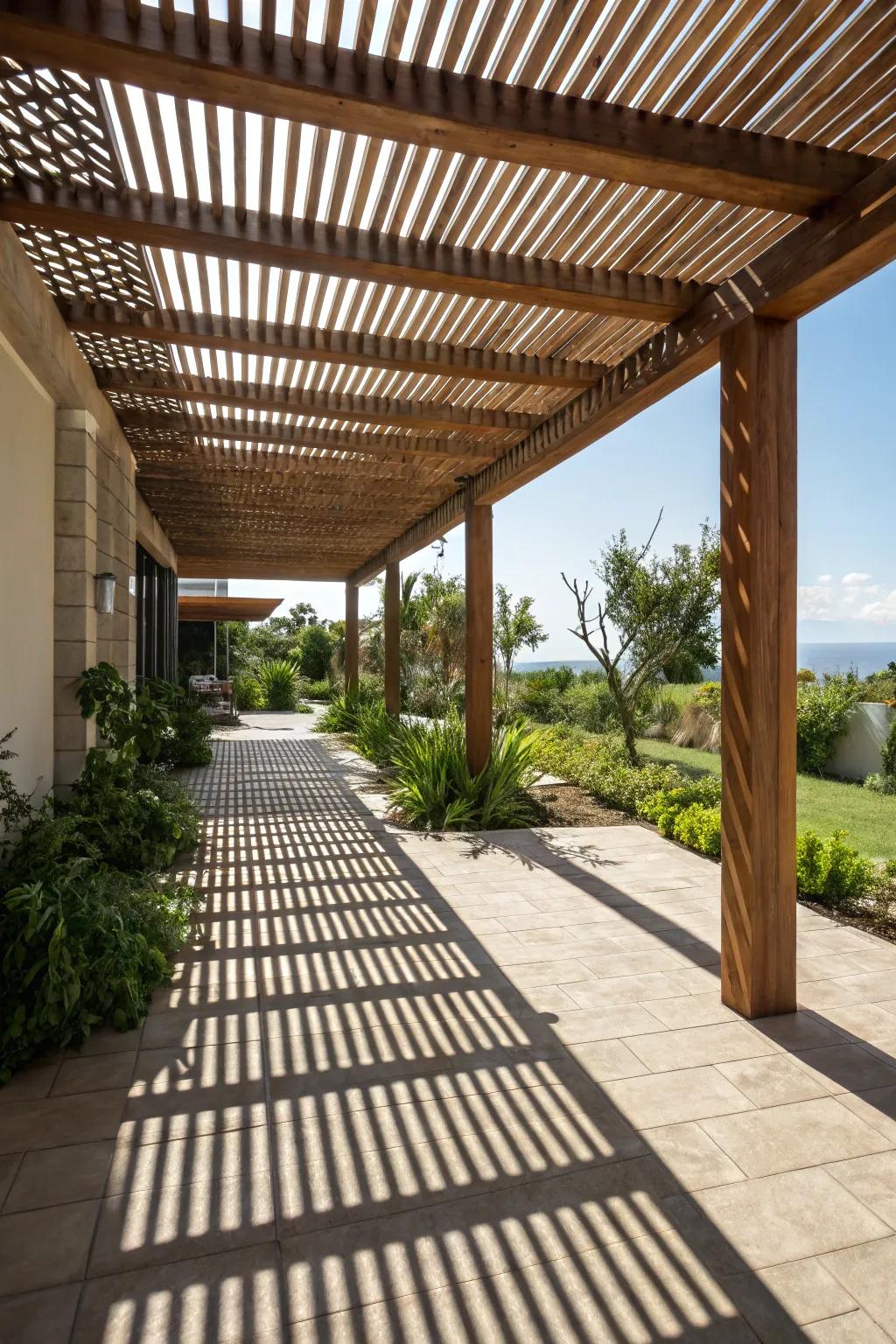 Slat roofs introduce a rustic charm and partial shade to every patio.