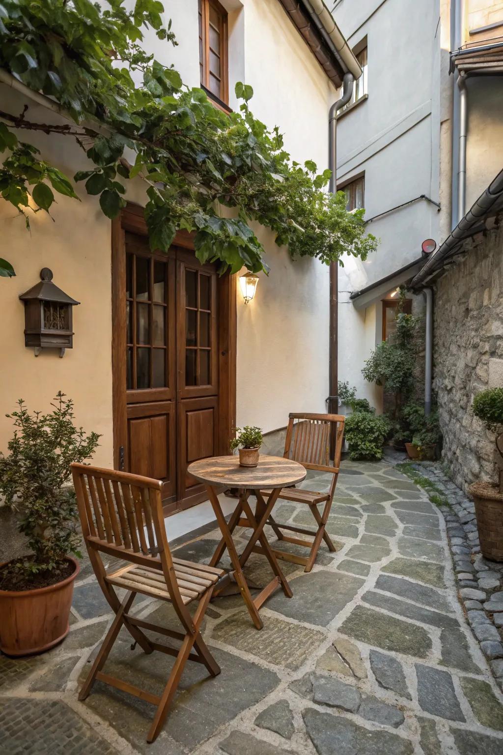 Natural materials such as wood and stone create a seamless outdoor environment.