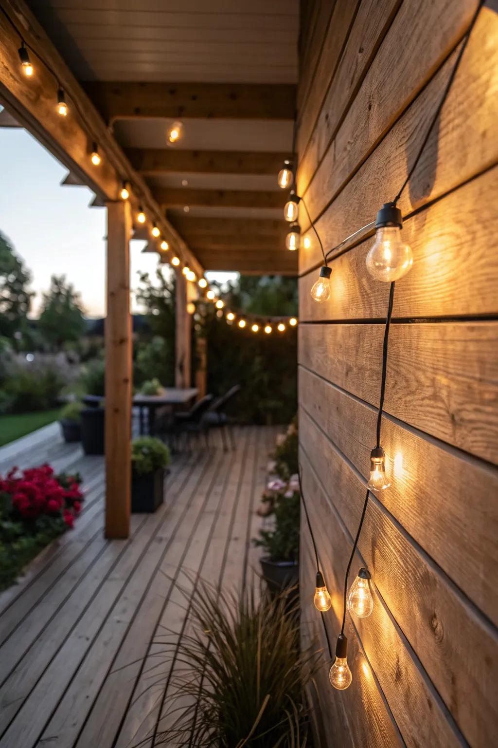 A timber wall lit with filament lights for a magical evening glow.