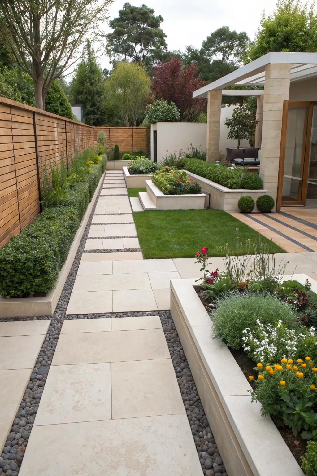 Achieving modern aesthetics with paver flower beds.